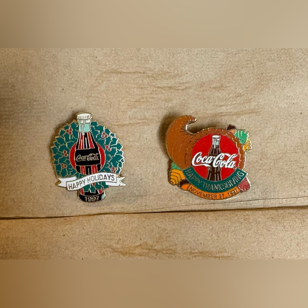 Vintage 1997 Christmas and Thank Coca-Cola Festive Lapel Pin/Brooch Set
